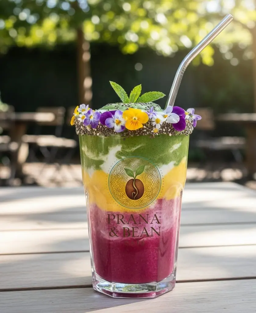 Layered smoothie crowned with edible flowers and chia, served in a Prana & Bean glass